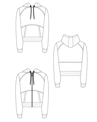 Technical drawing of a cropped hoodie from front, back, and side views on a white background. This hoodie is the Stanton Hoodie sewing pattern from Cashmerette.