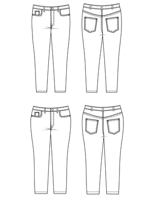 Black and white line drawings of four pairs of jeans on a white background. These jeans are the Ames Jeans sewing pattern from Cashmerette.