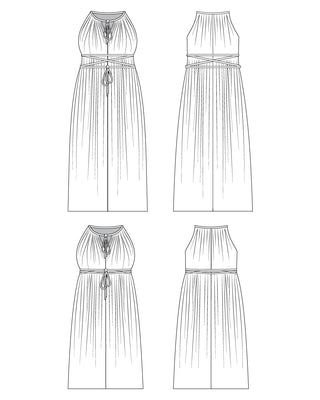 Line drawings of a dress on a white background. This dress is the Rockwell Dress sewing pattern from Cashmerette.