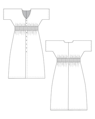 Technical drawing of a dress with detailed line work on a white background.  This dress is the Franconia Dress sewing pattern from Cashmerette.
