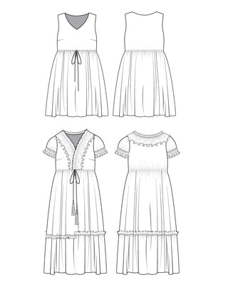 Set of four line drawings of dresses on a white background.  This dress is the Loring Dress sewing pattern from Cashmerette.