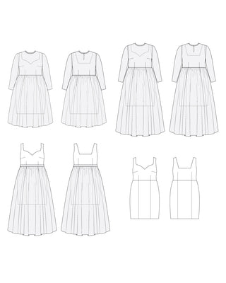 Set of line drawings of various dresses on a white background. This dress is the Mansfield Dress sewing pattern from Cashmerette.