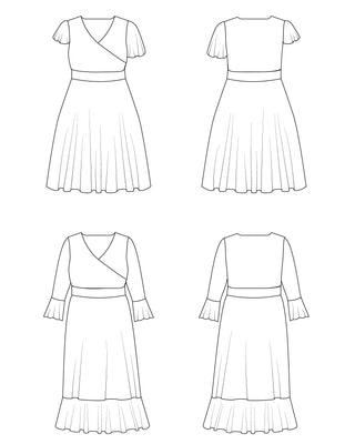 Line drawing of a dress from multiple angles on a white background. This dress is the Alcott Dress sewing pattern from Cashmerette.
