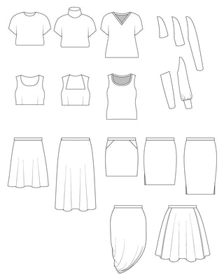 Line drawings of various clothing items including shirts, tops, and skirts on a white background.. This is the Grafton Dress, Top & Skirt sewing pattern from Cashmerette.