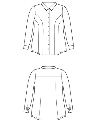 Line drawing of a long-sleeve shirt from front and side views on a white background. This button-up shirt is the Harrison Shirt sewing pattern from Cashmerette.