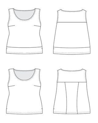 Black and white line drawings of a tank top on a white background. This top is the Springfield Top sewing pattern from Cashmerette.