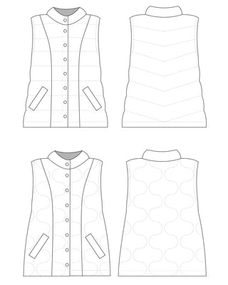 Line drawing of a quilted vest from multiple angles on a white background. This vest is the Murcot Puffer Vest sewing pattern from Cashmerette.