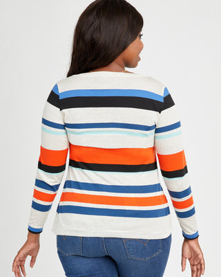 Woman wearing a striped long-sleeve shirt with a white background. This t-shirt is the Concord T-Shirt sewing pattern from Cashmerette.