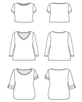 Line art of various t-shirt designs on a white background. This t-shirt is the Concord T-Shirt sewing pattern from Cashmerette.