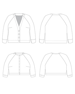 Line drawing of a women's cardigan from front, back, and side views on a white background. This cardigan is the Fuller Cardigan sewing pattern from Cashmerette.