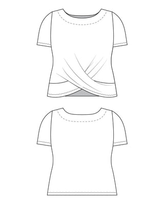 Line drawing of a short-sleeve top with draped front detail on a white background. This top is the Brattle Twist Top sewing pattern from Cashmerette.