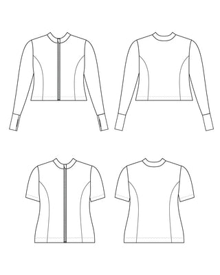 Line drawings of various tops from different angles on a white background.  This top is the Bonair Athletic Top sewing pattern from Cashmerette.