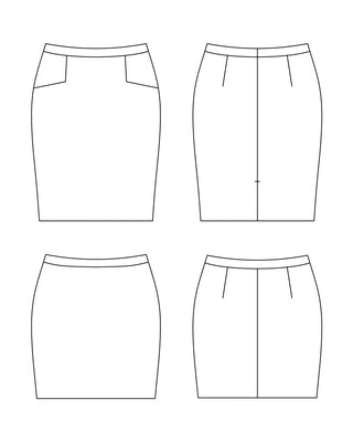 Line drawing of a skirt from multiple angles on a white background. This skirt is the Elmwood Pencil Skirt sewing pattern from Cashmerette.