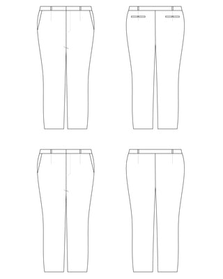 Technical drawing of a pair of pants from multiple angles on a white background. These pants are the Meriam Trousers sewing pattern from Cashmerette.