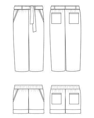 Line drawing of a pair of pants with a belt and front pockets on a white background. These pants are the Everett Pants & Shorts sewing pattern from Cashmerette.