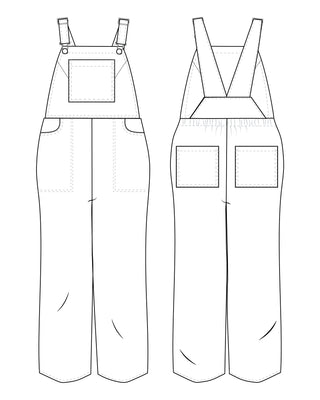 Line drawing of overalls from the front and the back. This is the Rhinecliff Overalls sewing pattern from Cashmerette.