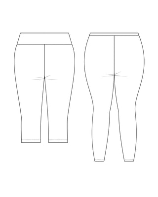 Technical drawing of a pair of pants on a white background. These leggings are the Belmont Leggings and Yoga Pants sewing pattern from Cashmerette.