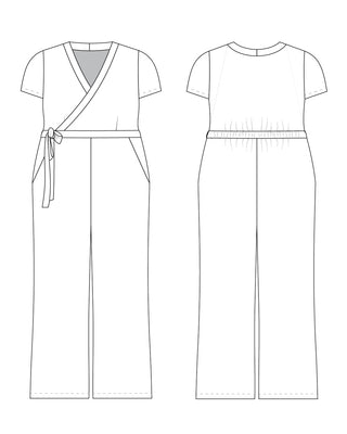 Line drawing of a dress with a belt on a white background. This jumpsuit is the Mercier Knit Jumpsuit sewing pattern from Cashmerette.