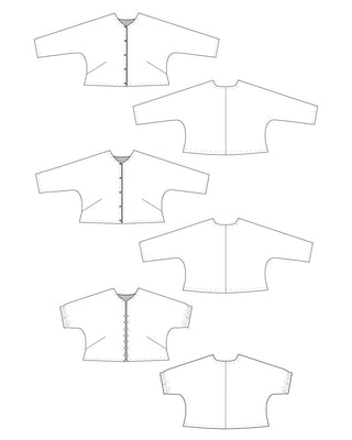 Line drawing of a series of button-up shirts from different angles on a white background.  This jacket is the Catskills Bias Cut Jacket sewing pattern from Cashmerette.
