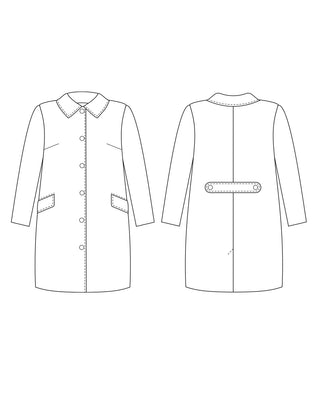 Line drawing of a coat with front and back views on a white background. This coat is the Newcomb Car Coat sewing pattern from Cashmerette.