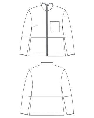 Technical drawing of a jacket with front and back views on a white background. This jacket is the Hatton Fleece Jacket sewing pattern from Cashmerette.
