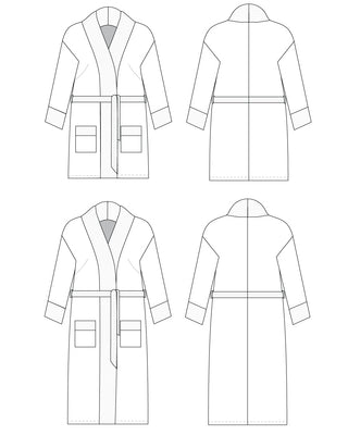 Line drawing of a robe on a white background.  This robe is the Lygon Robe sewing pattern from Cashmerette.