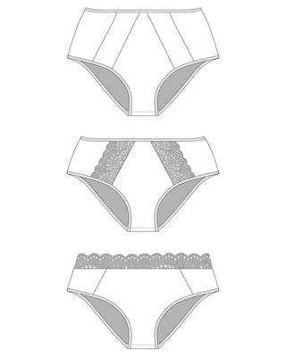 Illustration of three pairs of women's underwear with different designs on a white background. These undies are the Radcliffe Undies sewing pattern from Cashmerette.