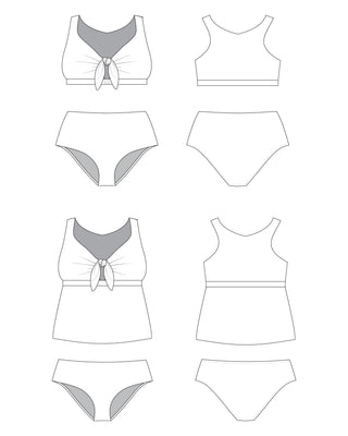 Black and white line art of women's swimwear including a bikini and tankini set. This swimsuit is the Marblehead Swimsuit sewing pattern from Cashmerette.