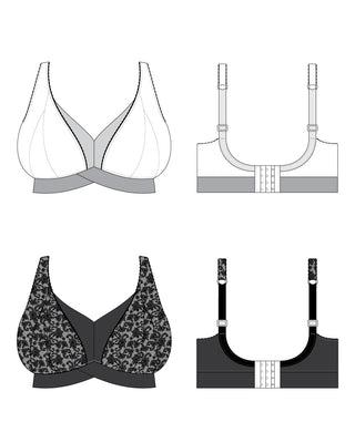 Illustrations of various bras from different angles on a white background. This bralette is the Loftus Bralette sewing pattern from Cashmerette.