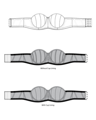 Technical drawing of a bra with and without cup lining on a white background. This bra is the Symmes Strapless Bra sewing pattern from Cashmerette.