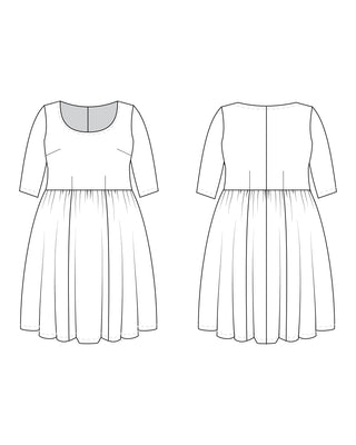 Line drawing of a dress from front and back views on a white background. This dress is the Honeybourne Fit and Flare Dress sewing pattern from "Ahead of the Curve" by Jenny Rushmore.