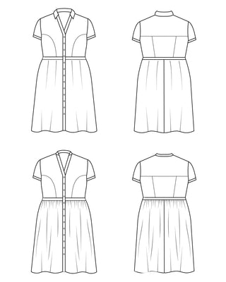 Line drawing of a dress from multiple angles on a white background. This dress is the Lenox Shirtdress sewing pattern from Cashmerette.