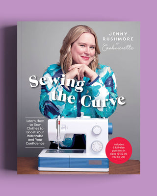 Book cover of 'Sewing the Curve: Learn How to Sew Clothes to Boost Your Wardrobe and Your Confidence' by Jenny Rushmore Cashmerette with Jenny leaning on a sewing machine.