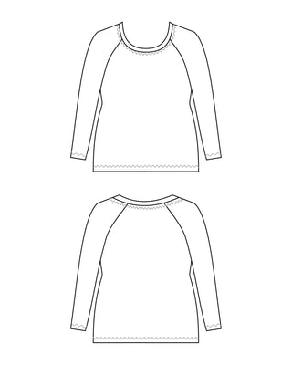 Line drawing of two long-sleeve raglan shirts on a white background. This top is the Stanway Raglan T-Shirt sewing pattern from "Ahead of the Curve" by Jenny Rushmore.