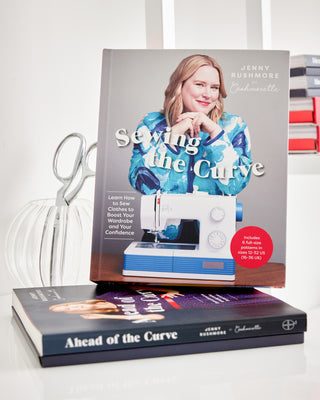 Cover of Jenny Rushmore's book, Sewing the Curve, sitting on top of Jenny Rushmore's book Ahead of the Curve.