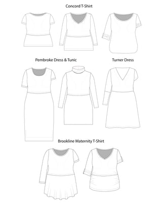 Set of line drawings of women's clothing including t-shirts and dresses on a white background.. This is the nursing expansion pack sewing pattern from Cashmerette.