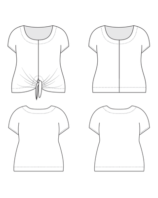 Line drawing of a women's top from multiple angles on a white background. This top is the Cedar Dolman Top sewing pattern from Cashmerette.