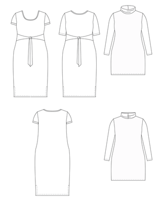 Line drawings of a dress with various sleeves and necklines on a white background. This is the Pembroke Dress & Tunic sewing pattern from Cashmerette.