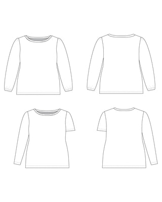 Line art of a long-sleeve shirt from four different angles on a white background. This top is the Eustis T-Shirt sewing pattern from "Sewing the Curve" by Jenny Rushmore.