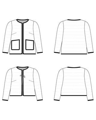 Line drawing of a jacket with front, back, and side views on a white background. This jacket is the Fairfax Quilted Jacket sewing pattern from "Sewing the Curve" by Jenny Rushmore.