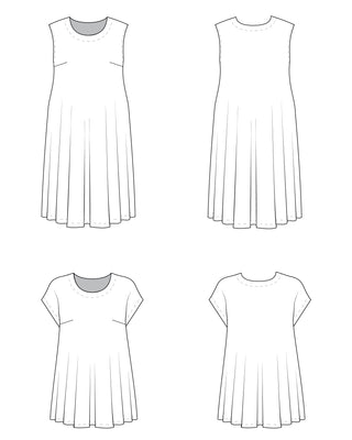 Set of four line drawings of sleeveless and short-sleeve dresses on a white background. This dress is the Montvale Dress & Tunic sewing pattern from "Sewing the Curve" by Jenny Rushmore.
