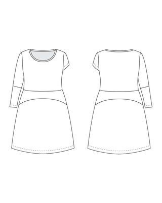 Technical drawing of a dress with front and back views on a white background. This dress is the Washington Dress sewing pattern from Cashmerette.
