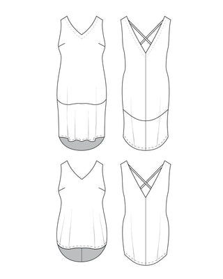 Line drawings of four different tank tops on a white background. This is the Webster Dress & Tunic sewing pattern from Cashmerette.