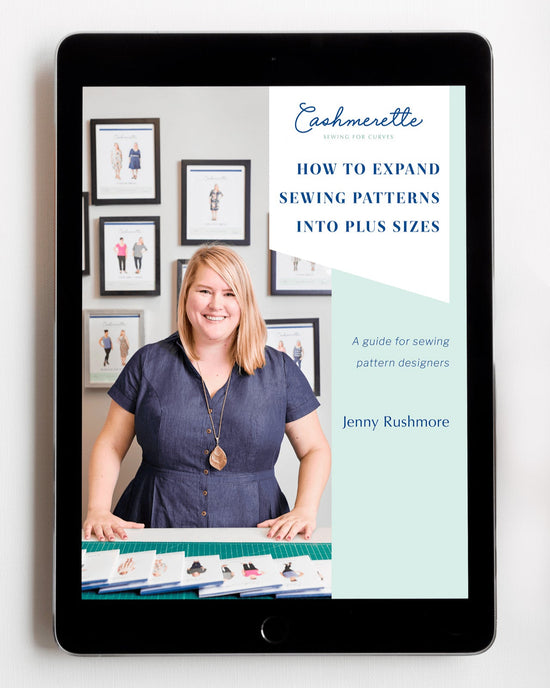 iPad displaying a guide on expanding sewing patterns into plus sizes by Jenny Rushmore.