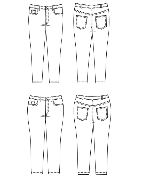 Black and white line drawings of four pairs of jeans on a white background. These jeans are the Ames Jeans sewing pattern from Cashmerette.