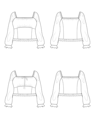 Line drawing of a blouse with long sleeves and ruffled details from multiple angles on a white background.This top is the Briarwood Top sewing pattern from Cashmerette.