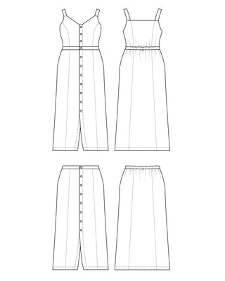 Line drawing of a dress and skirt on a white background. This is the Holyoke Maxi Dress & Skirt sewing pattern from Cashmerette.
