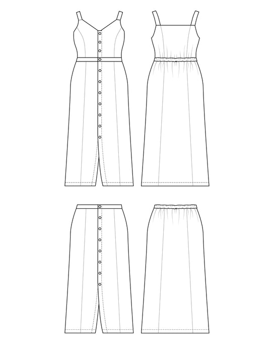 Line drawing of a dress and skirt on a white background. This is the Holyoke Maxi Dress & Skirt sewing pattern from Cashmerette.