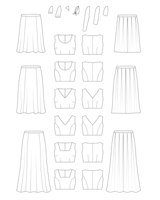 Line drawings of various clothing items including skirts and tops on a white background. This dress is the Upton Dress & Skirt sewing pattern from Cashmerette.