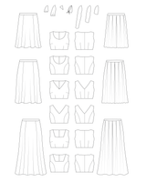 Line drawings of various clothing items including skirts and tops on a white background. This dress is the Upton Dress & Skirt sewing pattern from Cashmerette.